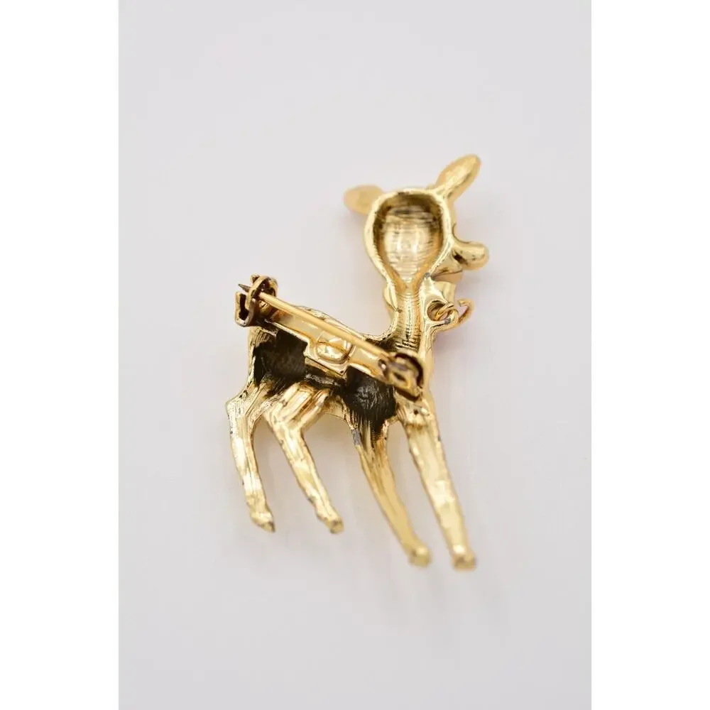 Vintage Reindeer Pin Brooch Bambi Red Bow Gold Tone Christmas 1980s BinAT
